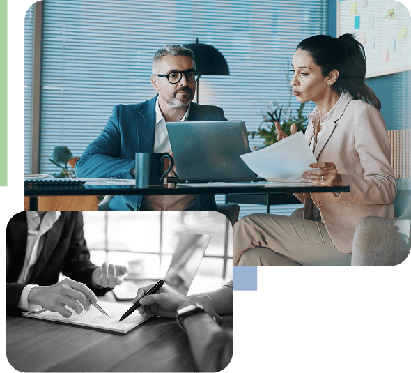 Professionals discussing work at office table